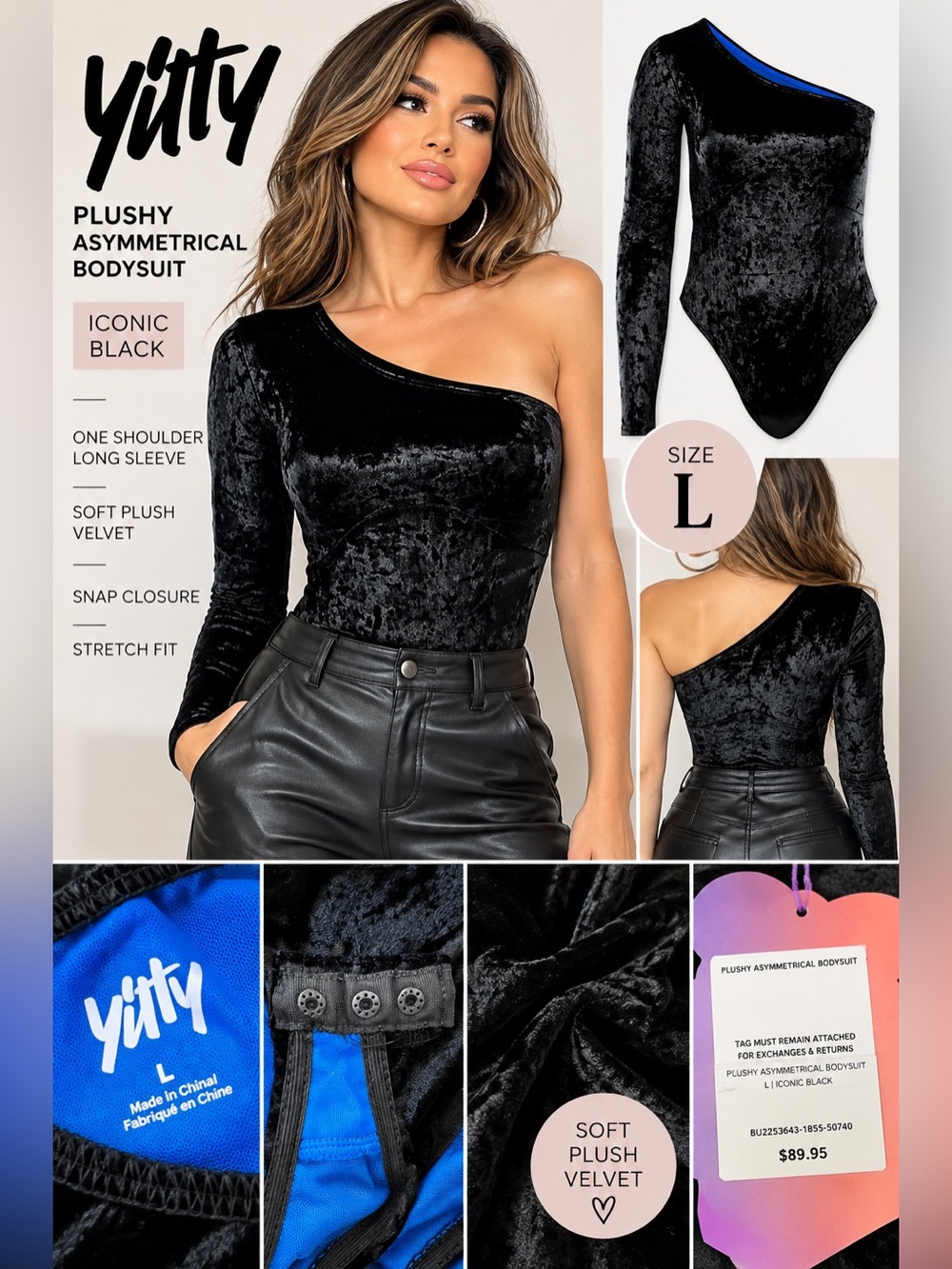 Yitty Plushy Asymmetrical Velvet Bodysuit Iconic Black One Shoulder Size L NWT